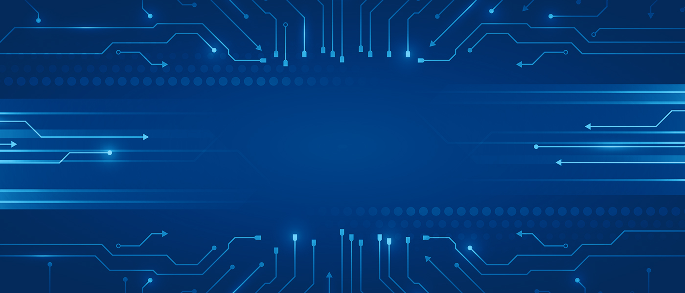 Futuristic blue circuit board pattern with glowing lines and arrows on a dark background.