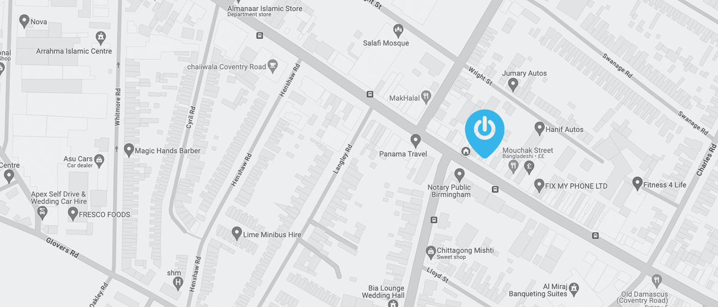 Map highlighting Mouchak Street, Birmingham with nearby businesses and landmarks like Fitness 4 Life and Asu Cars.