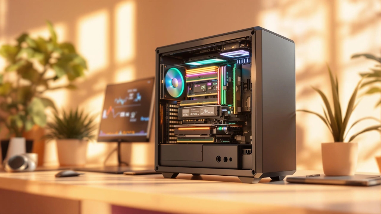 Custom gaming PC with RGB lighting on desk in modern workspace with plants and monitor.