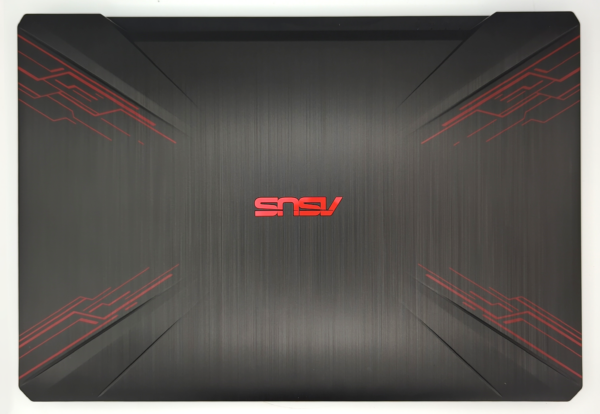 Gaming laptop with sleek black design and red accents, optimized for performance and style.