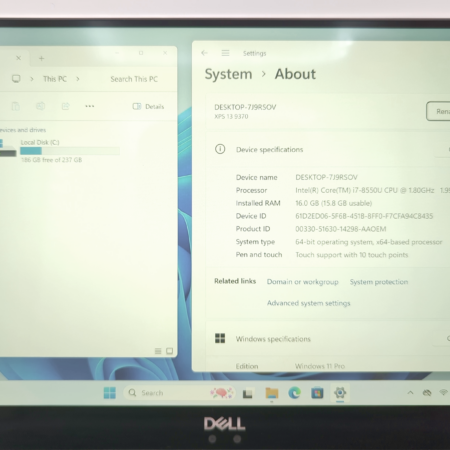 Laptop screen showing Windows 11 System settings and This PC with storage details. Model: Dell XPS 13.