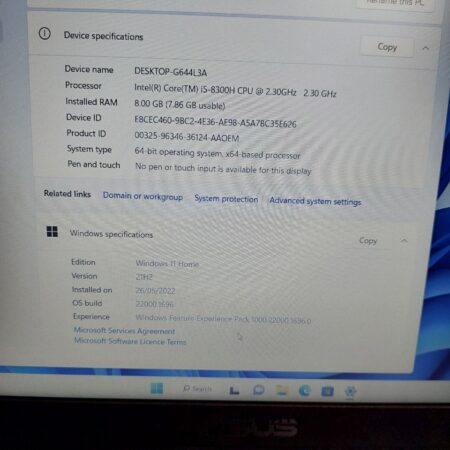 Laptop system specifications screen showing Windows 11 Home, Intel i5-8300H, 8GB RAM, and device ID details.