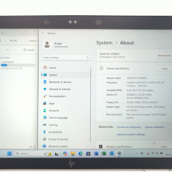 Windows system specifications screen showing device and hardware details on an HP laptop.