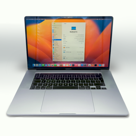 Open MacBook Pro laptop displaying system information on screen.