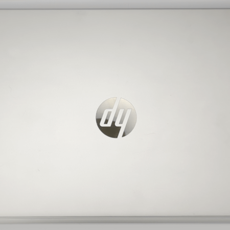 Silver laptop lid with sleek logo.