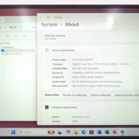 Computer system specifications window showing CPU and RAM details on Windows 11 Pro.