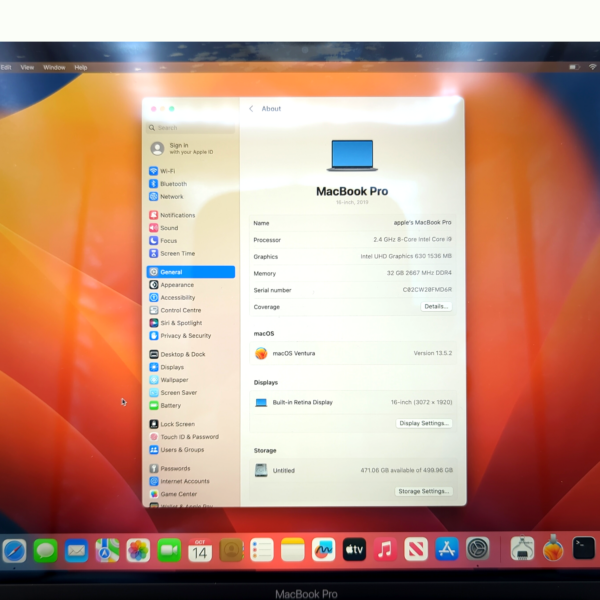 MacBook Pro specs screen showing hardware and macOS Ventura details on a laptop display.