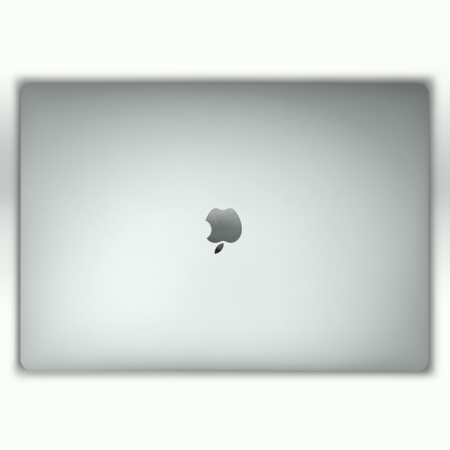 Silver laptop with Apple logo on a minimalist white background.