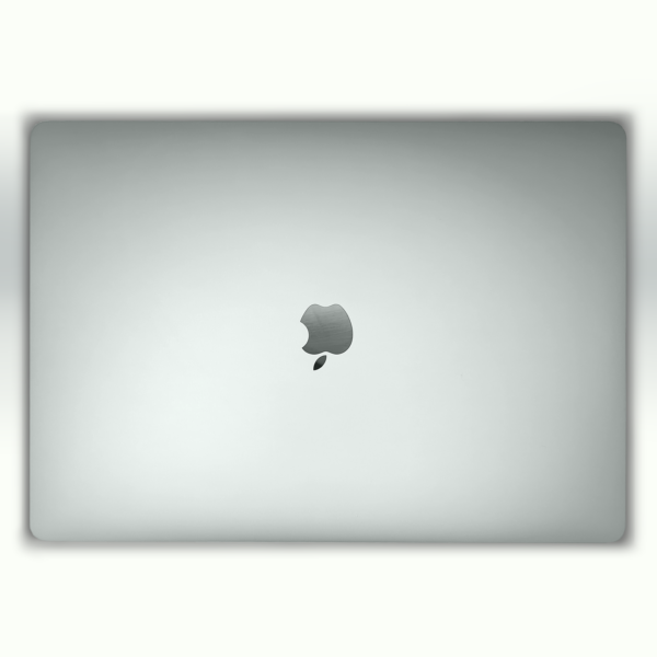Silver laptop with Apple logo on a minimalist white background.