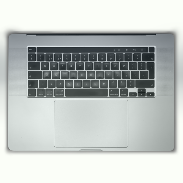 Top view of a sleek laptop keyboard with trackpad, showcasing modern design and functionality.