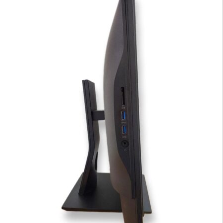 Side view of a sleek widescreen computer monitor with USB ports on a stand, isolated on a white background.