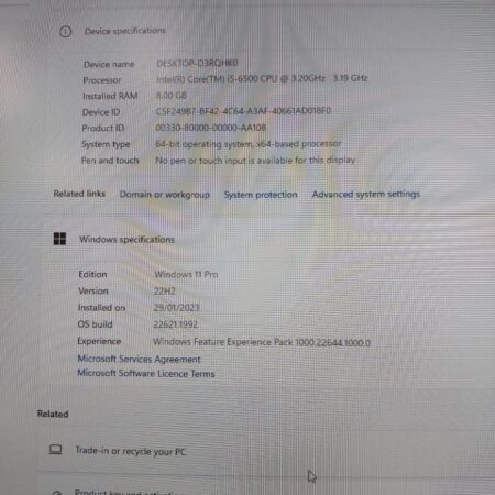 Computer system specifications showing Windows 11 Pro with Intel i5-6500 CPU and 8GB RAM.