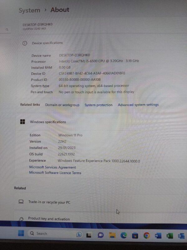 Computer system specifications showing Windows 11 Pro with Intel i5-6500 CPU and 8GB RAM.
