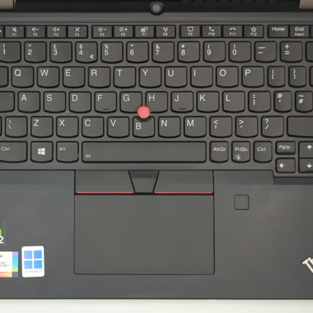 ThinkPad laptop keyboard, touchpad, and Intel Core i5 sticker, showcasing ergonomic design and branding.
