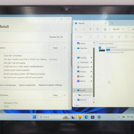 Computer system information on screen, showing Windows 11 specifications and disk space available.