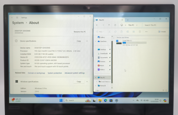 Computer system information on screen, showing Windows 11 specifications and disk space available.