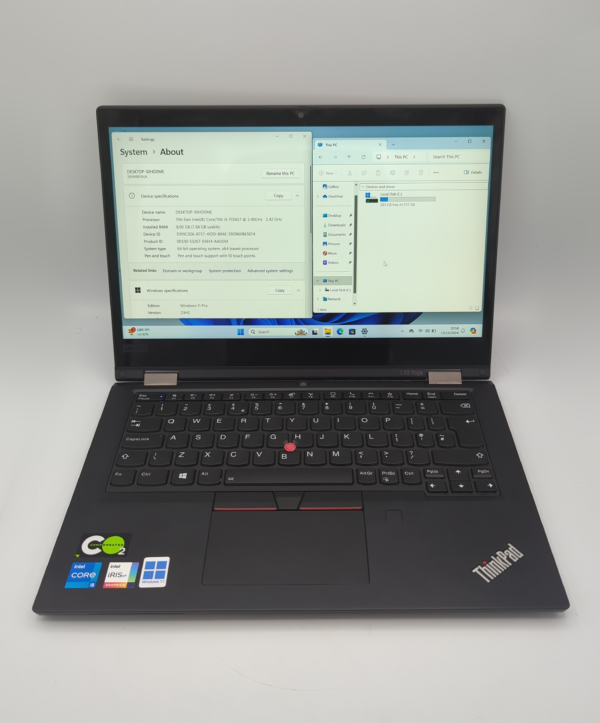 ThinkPad laptop displaying system information and file explorer, showcasing Intel Core i5 processor and Windows 11 Pro.