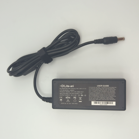 Laptop power adapter with cable on a white background. Model NSP090 for Samsung, output 19V, 3.16A.