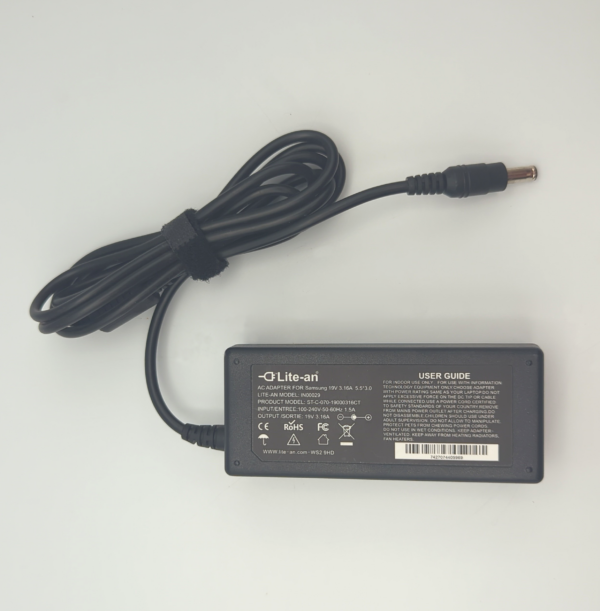 Laptop power adapter with cable on a white background. Model NSP090 for Samsung, output 19V, 3.16A.