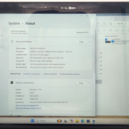 Screenshot of Windows 11 Pro system specifications on HP ZBook Studio x360 G5.