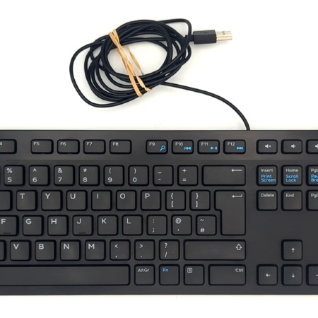 Black wired computer keyboard with full numeric keypad and USB connection on a white background.