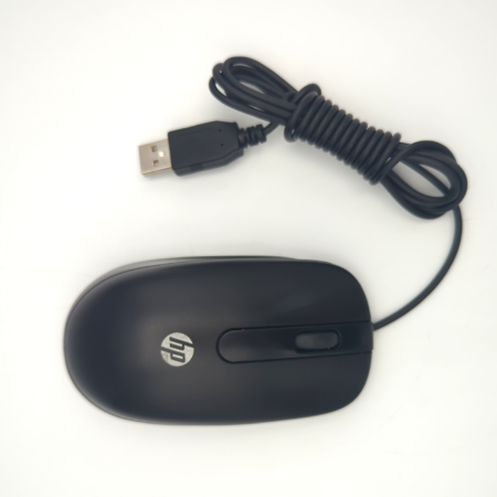 Black HP USB wired computer mouse on white background.