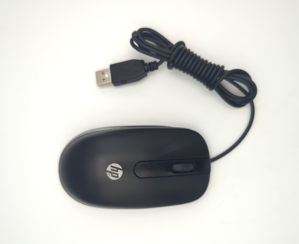 Black HP USB wired computer mouse on white background.