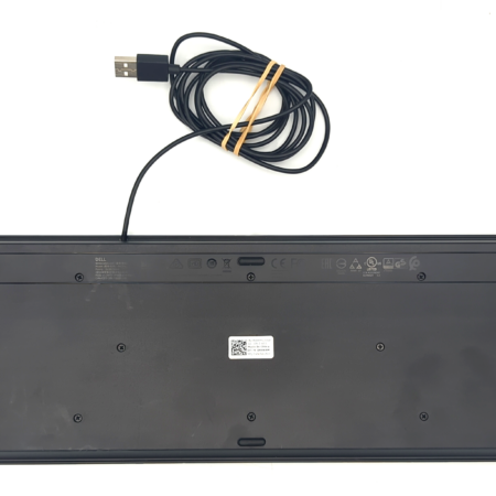 Back view of a black Dell keyboard with attached USB cable, placed on a white background.