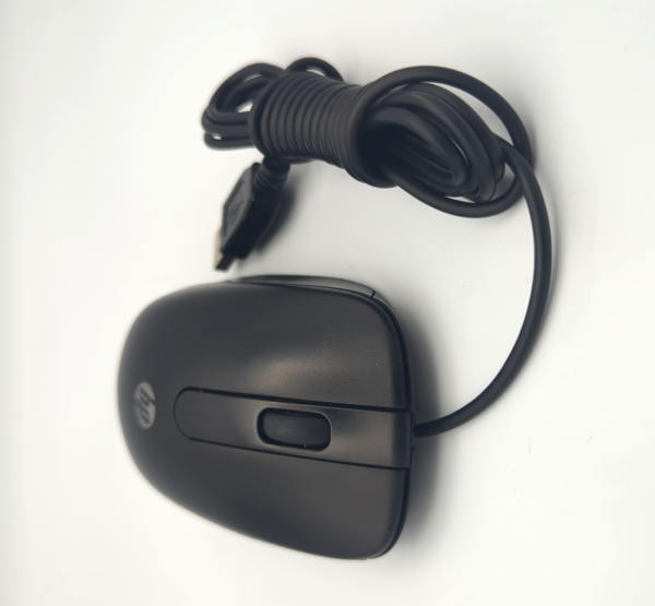 Black wired computer mouse with USB cable on a white background.