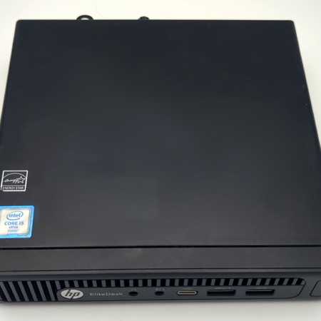HP EliteDesk mini PC with Intel Core i5 and Energy Star label, front view.