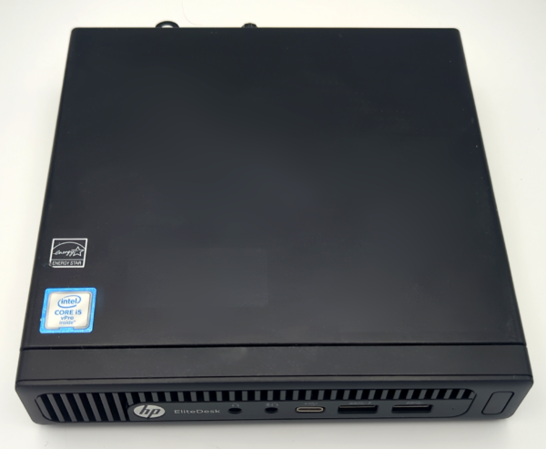 HP EliteDesk mini PC with Intel Core i5 and Energy Star label, front view.