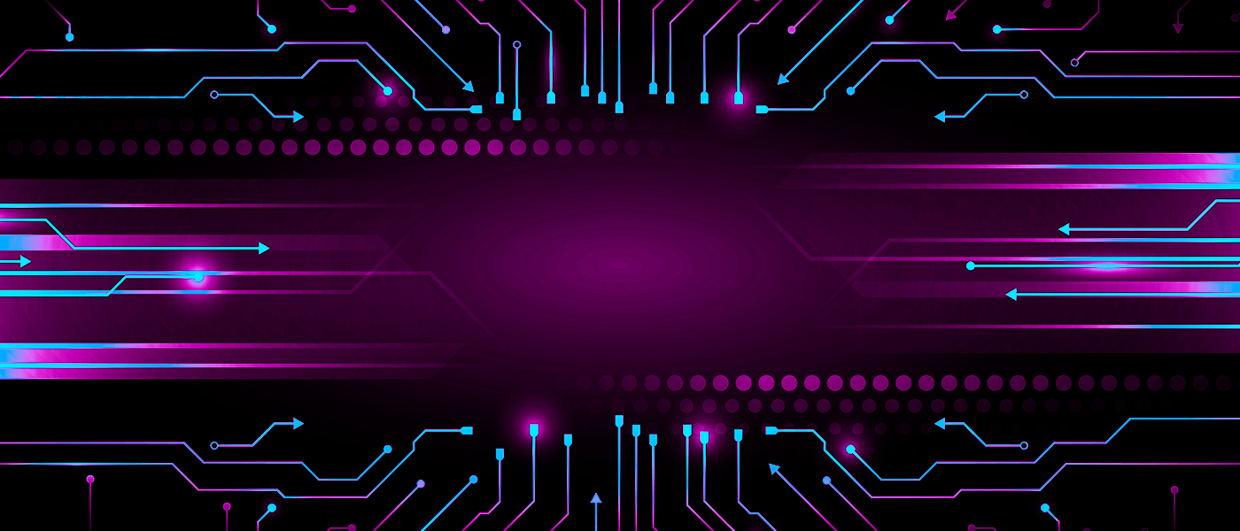 Futuristic circuit board design in purple and blue with arrows on a dark background, symbolizing technology and innovation.