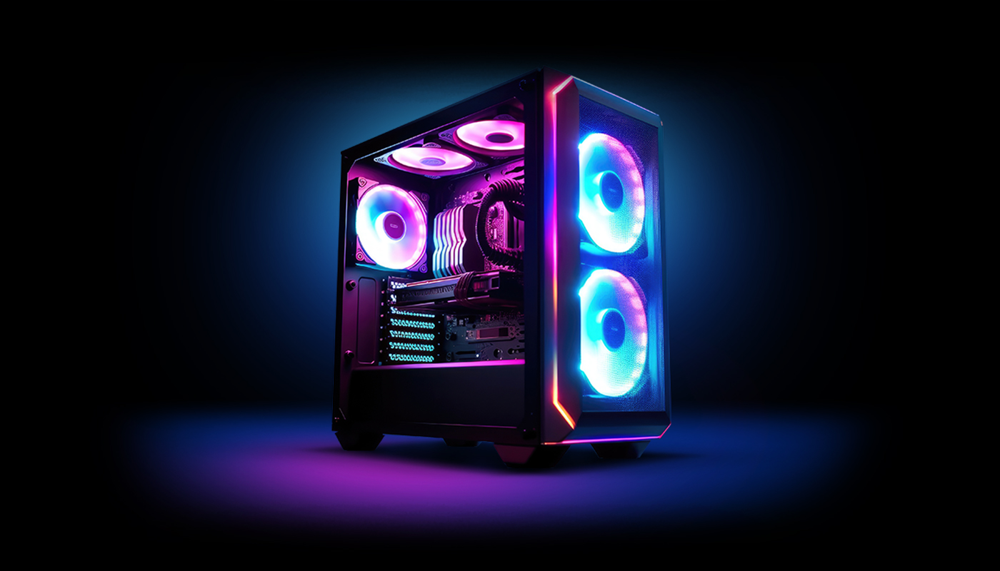 RGB-lit gaming PC case with glowing fans and sleek design on a dark background.