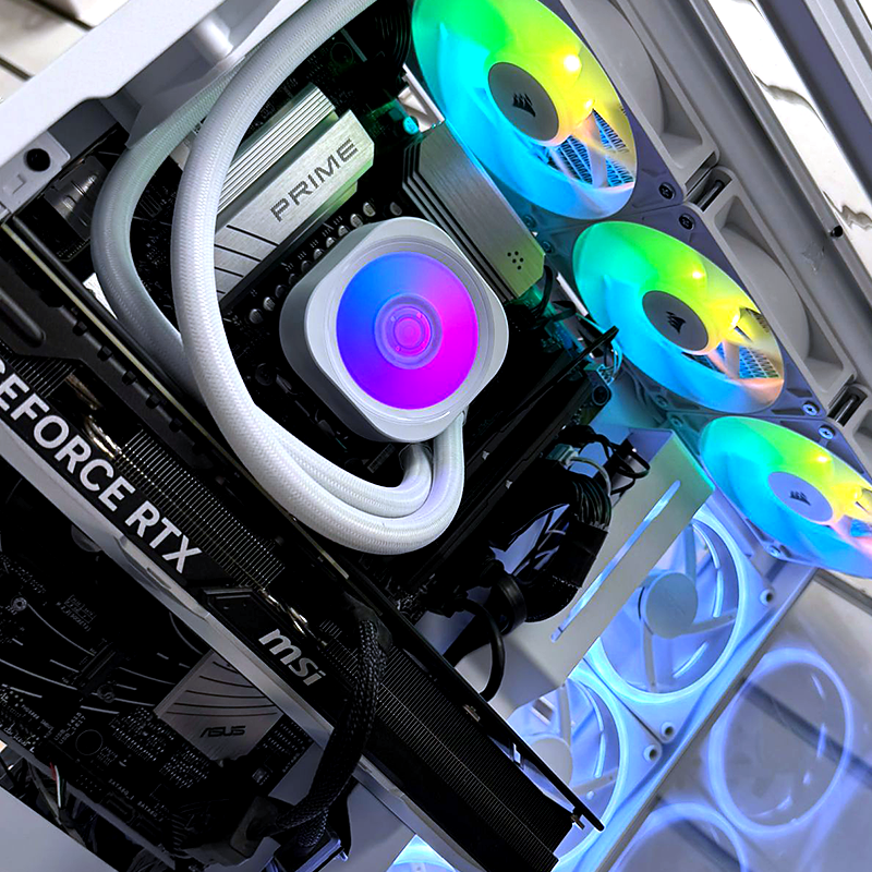 RGB-lit PC components with GeForce RTX card and MSI motherboard enhance a custom gaming rig's performance.
