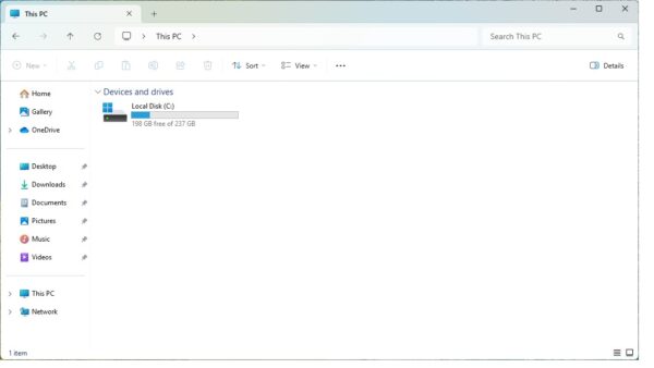 File Explorer window showing local disk storage space, 198 GB free of 237 GB, with navigation pane on the left.