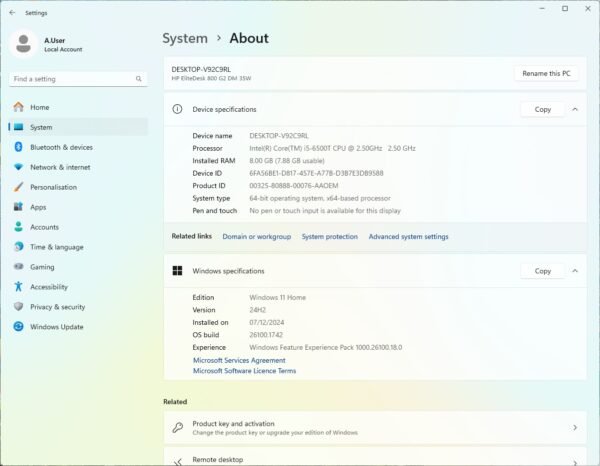 Windows 11 system specifications overview on a desktop PC, showing device and OS details in settings menu.