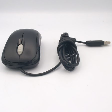 Wired black computer mouse with USB cable on a white background.