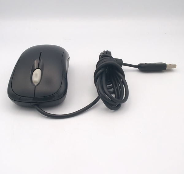 Wired black computer mouse with USB cable on a white background.