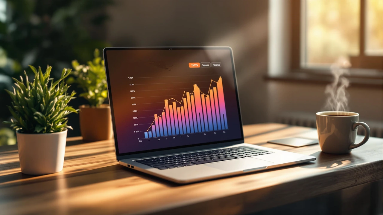 Laptop displaying colorful bar graph on a desk with plants and steaming coffee cup, in a sunlit room.