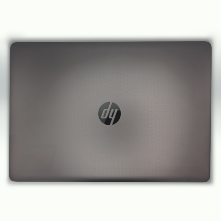 Sleek gray laptop with a logo on its lid, top-down view.