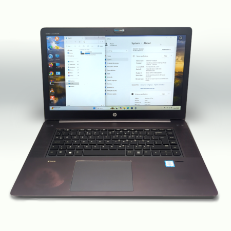 Open HP laptop with visible Windows 10 interface and applications on screen.