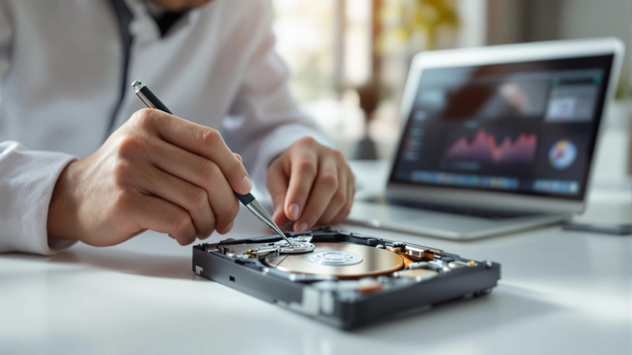 Technician repairing hard drive with tools, laptop in background showing data analysis graphs.