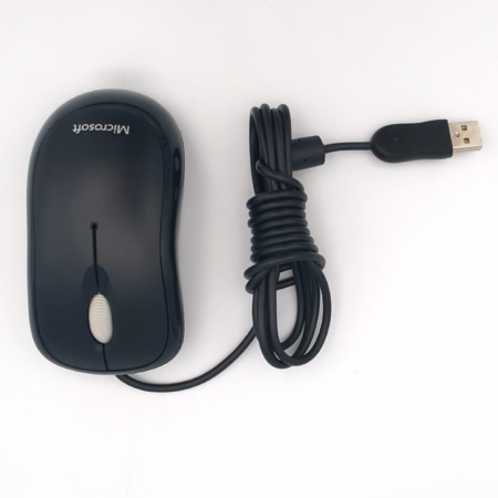 Black wired USB computer mouse on a white background, featuring a sleek design and coiled cord.
