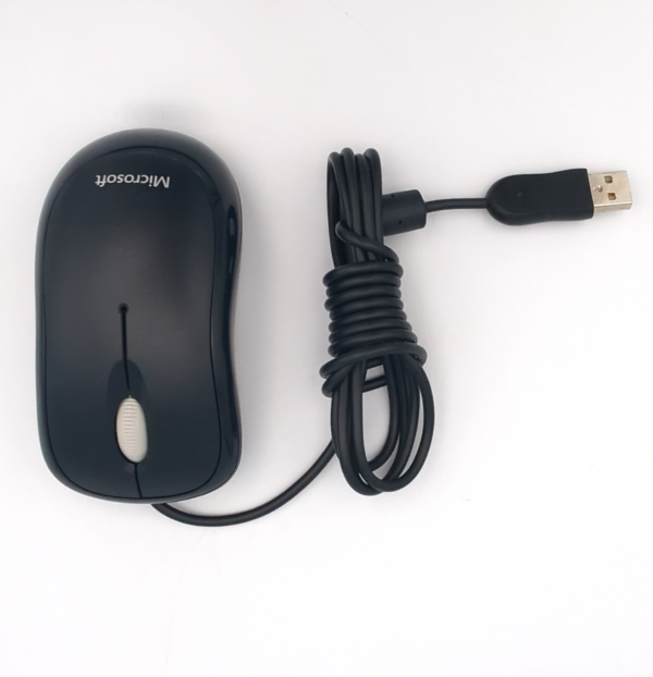 Black wired USB computer mouse on a white background, featuring a sleek design and coiled cord.