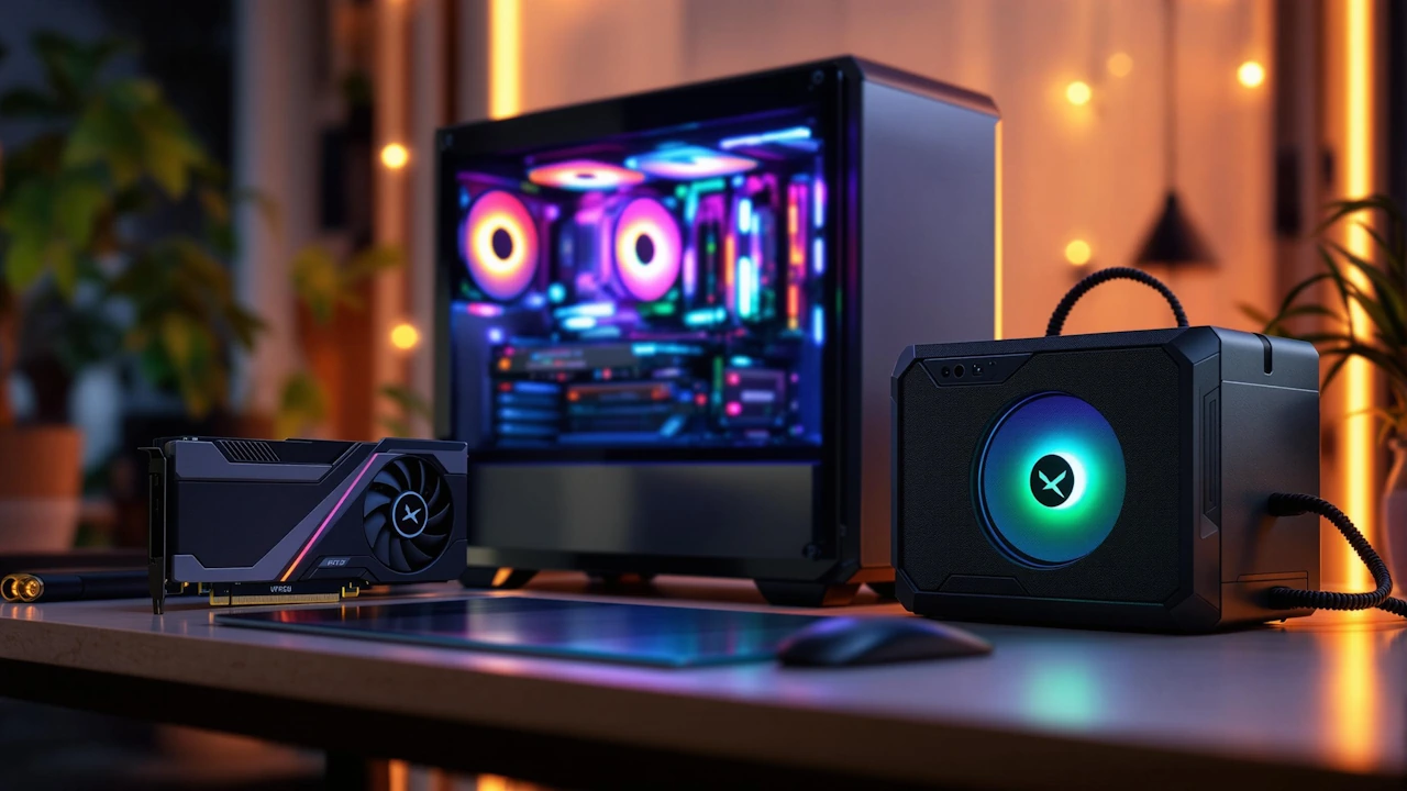 RGB gaming setup with a glowing PC tower and components on a desk, enhanced for a vibrant gaming experience.