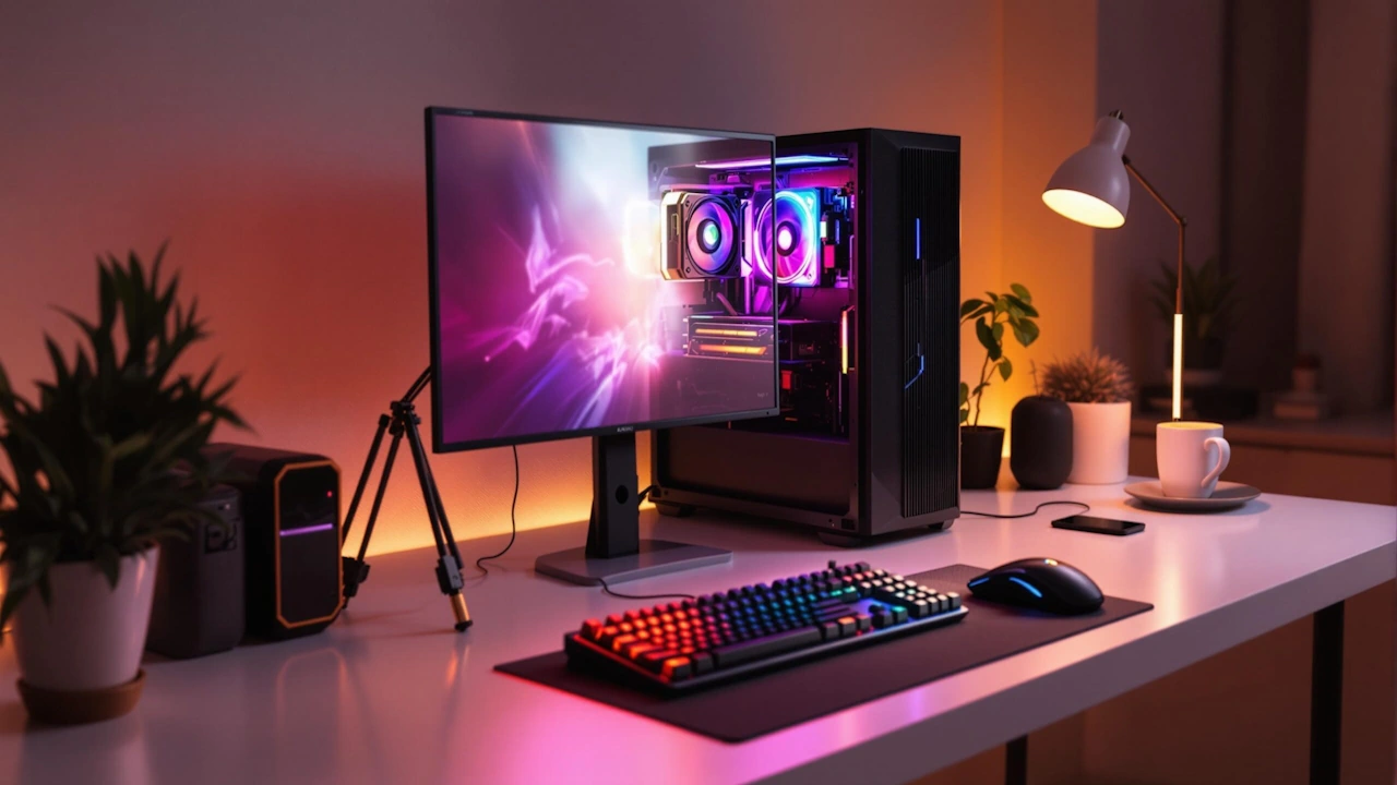 Gaming setup with RGB-lit PC, monitor, keyboard, and mouse on a stylish desk, creating a cozy ambiance.