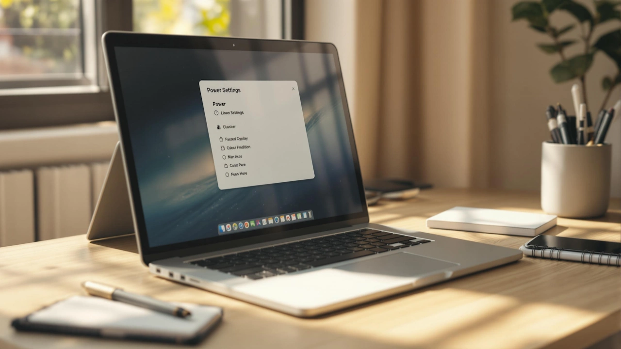 Laptop on a desk displaying power settings, surrounded by stationery, with sunlight streaming in through a window.
