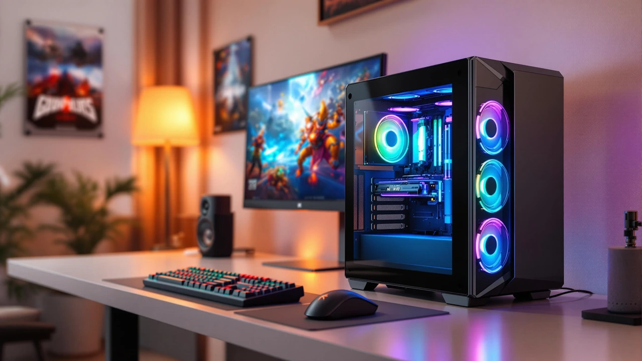 Gaming setup with RGB desktop, monitor, keyboard, and mouse in a modern room.