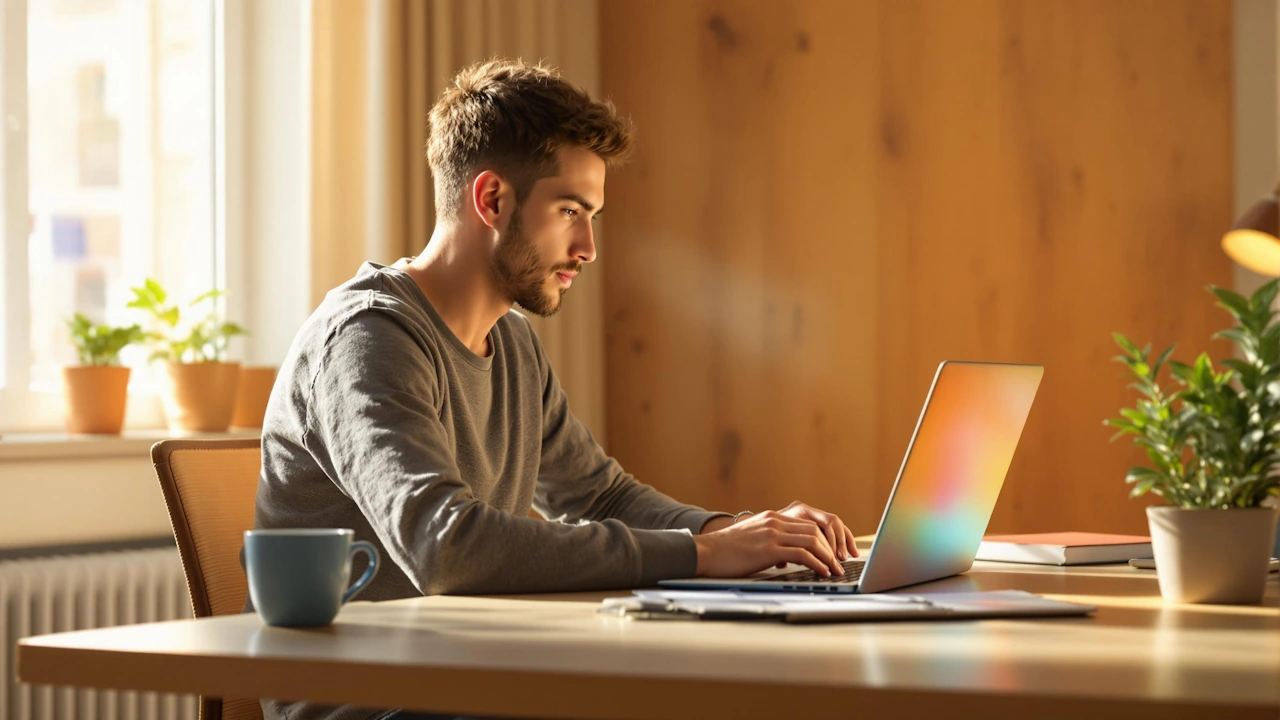 A man working on a laptop at a bright home office desk with plants and a coffee cup.