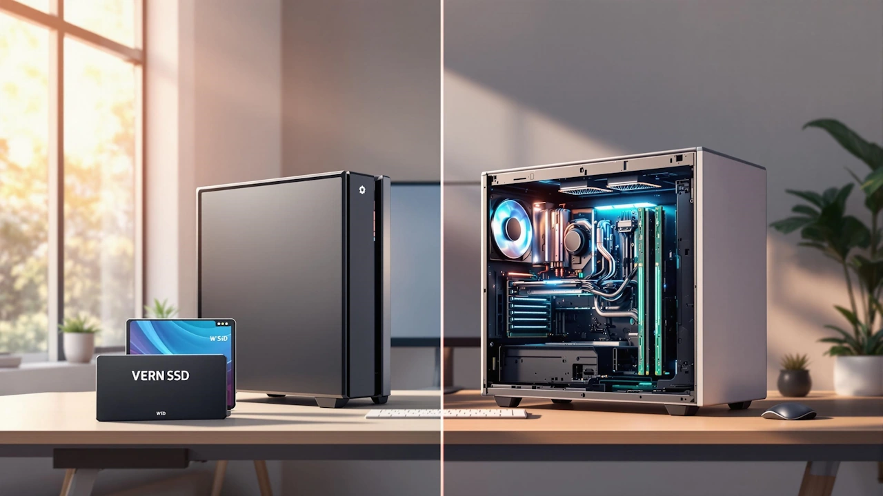 Side-by-side view of a sleek gaming PC; closed and open showing internal components with VERN SSD on desk.